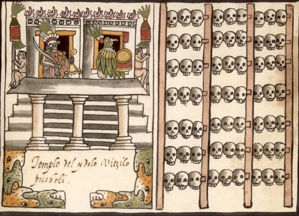 Цомпантли справа. Рисунок из рукописи Хуана де Товара 1587 года.